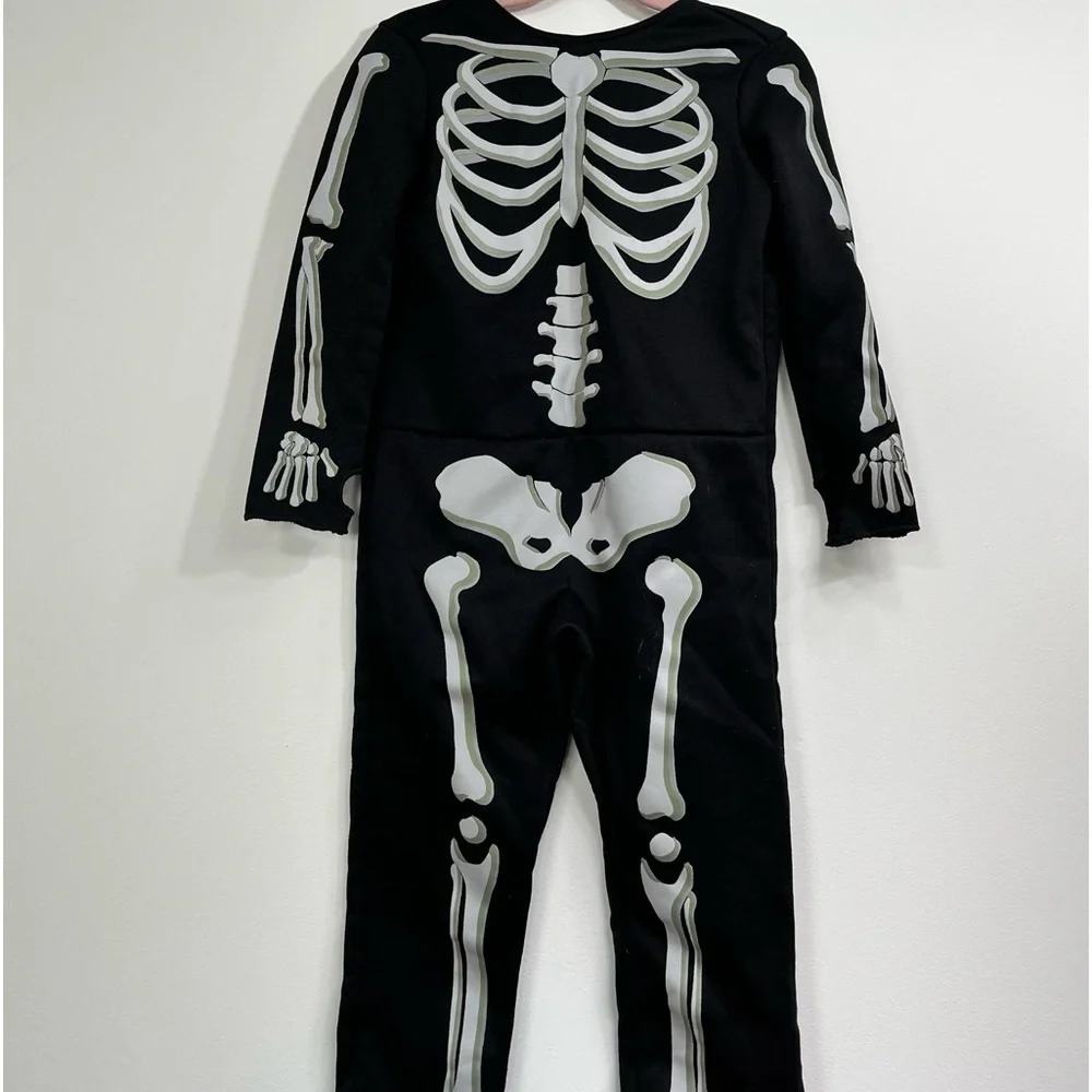 Kids Skeleton Halloween Costume Glow Bone Print Hooded Jumpsuit Toddler 2-4T